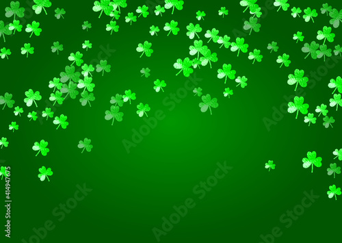 St patricks day background with shamrock. Lucky trefoil confetti. Glitter frame of clover leaves. Template for party invite, retail offer and ad. Holiday st patricks day backdrop