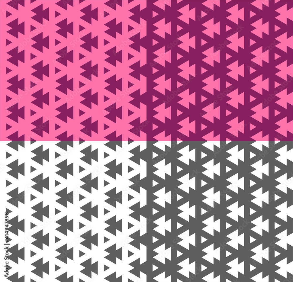 Vector seamless pattern. Ethnic ornament with triangle, polygon. Geometric monochrome, pink background for wallpaper, textile print, backdrop, fabric. Simple shapes. Color inversion Vector seamless pattern. Ethnic ornament with triangle, polygon. Geometric monochrome, pink background for wallpaper, textile print, backdrop, fabric. Simple shapes. Color inversion