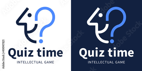 Quiz Time logo for the intellectual game and the questionnaire. Vector icon with a head and a question mark in blue colors.