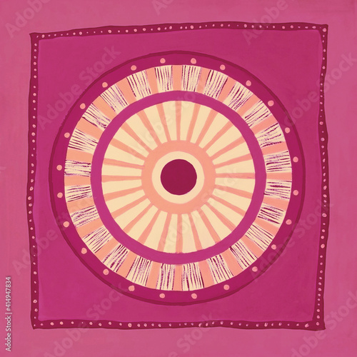 Ethnic background with circle. Colorful grungy boho, ethnic, tribal and Indian background. Hand drawn illustration with ethnic tribal circle for card, poster, backdrop, fabric print.