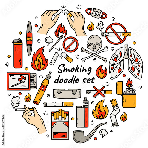 Cigarette smoking vector set in doodle style. The circle concept of bad habits with tobacco, lighters and vape.