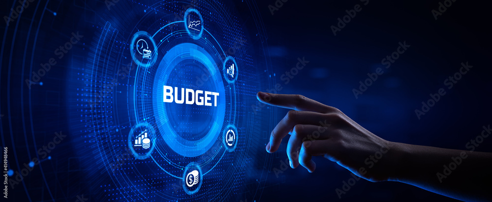 Budget Budgeting Financial management accounting business concept. Hand pressing button on screen. - obrazy, fototapety, plakaty 