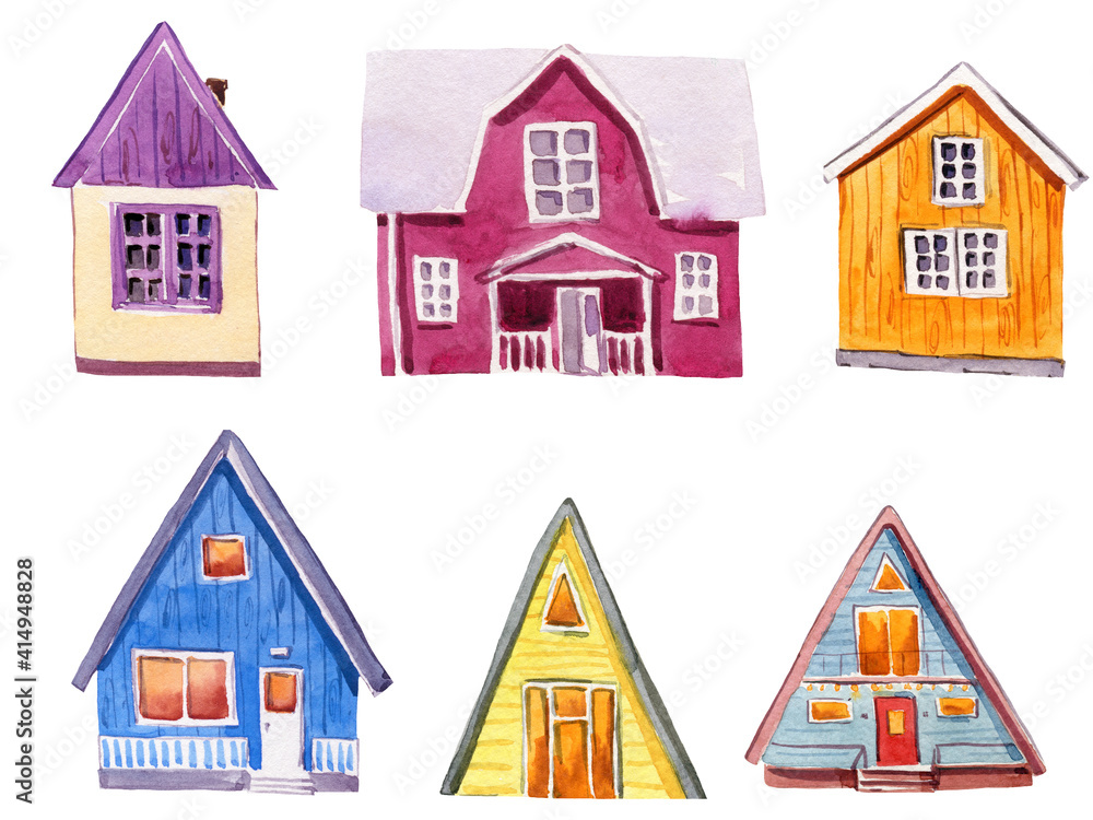 Watercolor illustration set of cute cozy houses
