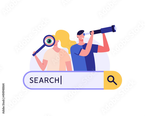 People searching information. Man looking in spyglass and woman looking through magnifying glass with search bar. Web search in internet, online surfing, SEO. Trendy vector illustration in flat design