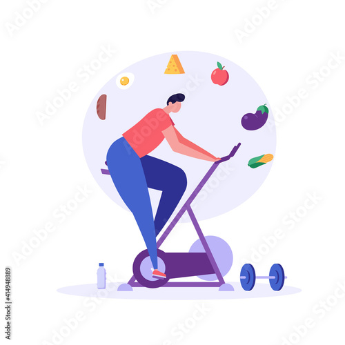 Diet plan illustration. People exercising and doing fitness. Man planning diet with vegetable. Concept of dietary eating, meal planning, nutrition consultation. Vector illustration for web design