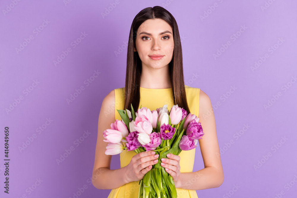 Portrait of attractive long-haired girl holding in hands tulips greetings isolated over violet purple pastel color background Portrait of attractive long-haired girl holding in hands tulips greetings isolated over violet purple pastel color background