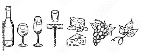 Wine set, hand drawn, monochrome vector