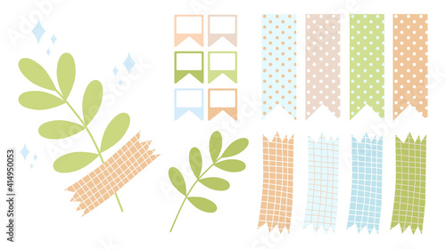 Branches of green plants, decorative tape, bookmarks, sparkles, polka . Isolate on a white background. Vector, pastel colors, scalable to any size. For stickers, notebooks, albums, covers, etc.