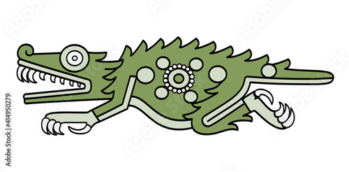 Aztec crocodile symbol, as depicted in Codex Laud in 16th century. Also Cipactli, the first day of Aztec divinatory count. Green crocodile sign, with precious stones on its body. Illustration. Vector.