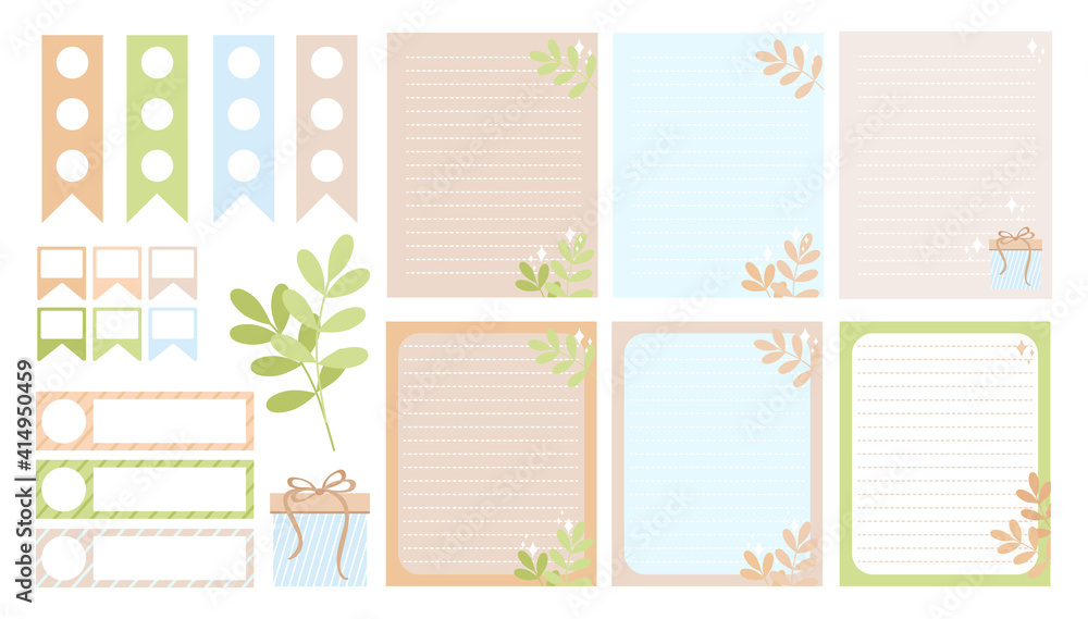 A set sheets of paper and bookmarks for a diary on environmental topics, plants, branches, gift, sparkles. Vector, pastel colors, scalable to any size. For stickers, notebooks, albums, covers, etc. A set sheets of paper and bookmarks for a diary on environmental topics, plants, branches, gift, sparkles. Vector, pastel colors, scalable to any size. For stickers, notebooks, albums, covers, etc.