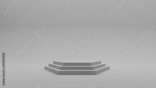 Demonstration stand. Hexagon grey podium on a grey background. A pedestal for the winner. Banner for advertising. 3d render.