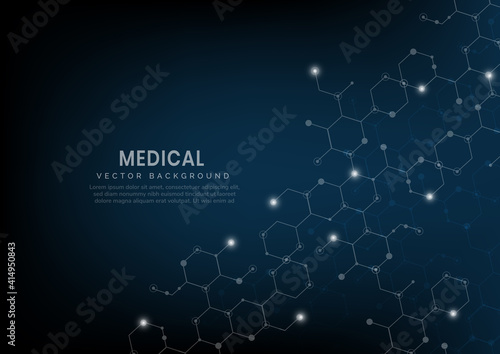 Fototapeta Naklejka Na Ścianę i Meble -  Abstract hexagon lines pattern on dark blue background. Medical and science, structure molecule dna concept.