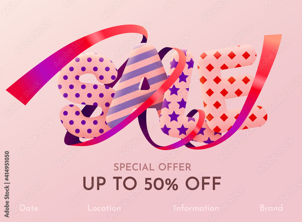 Discount Sale banner or poster design on bright pink background. Sale word composition with confetti. Discount Sale banner or poster design on bright pink background. Sale word composition with confetti.