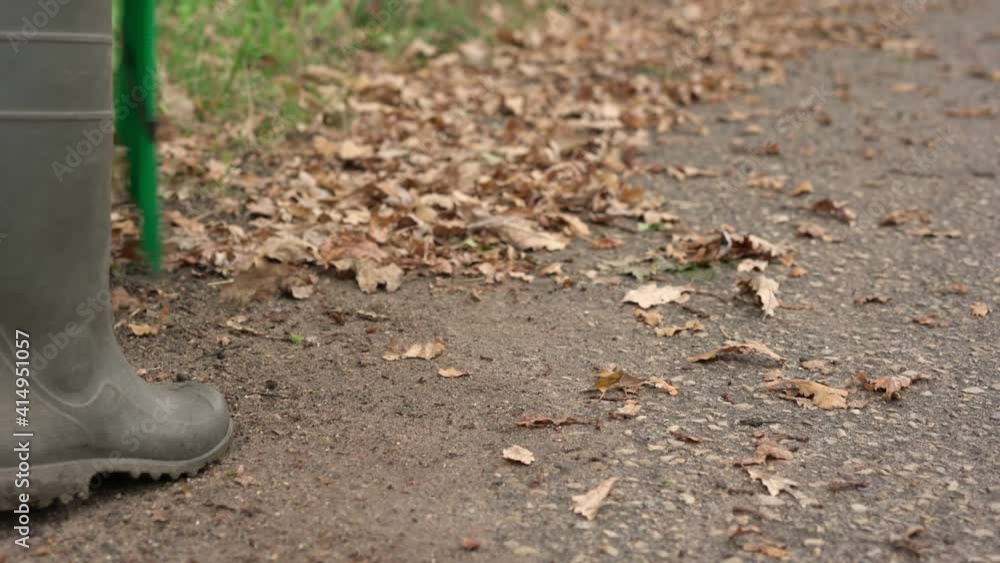 Dry oak leaves covered village street and person in rubber boots sweeps away foliage. Dry oak leaves covered village street and person in rubber boots sweeps away foliage.