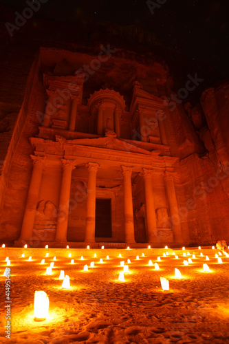 Al Khazneh (or Treasury) by night illuminated by candlelight, Petra, Jordan