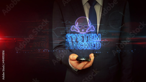 System hacked alert with skull symbol abstract 3d illustration photo