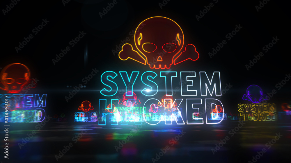 System hacked alert with skull symbol abstract 3d illustration