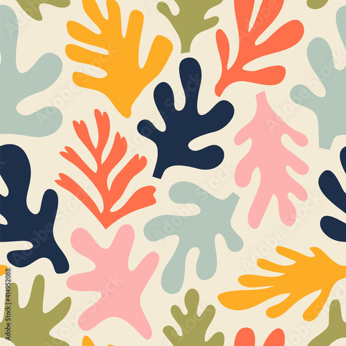 Abstract leaf cutout shapes seamless pattern. Trendy colorful freehand leaves background design. Matisse inspired decoration wallpaper, childish nature symbols.