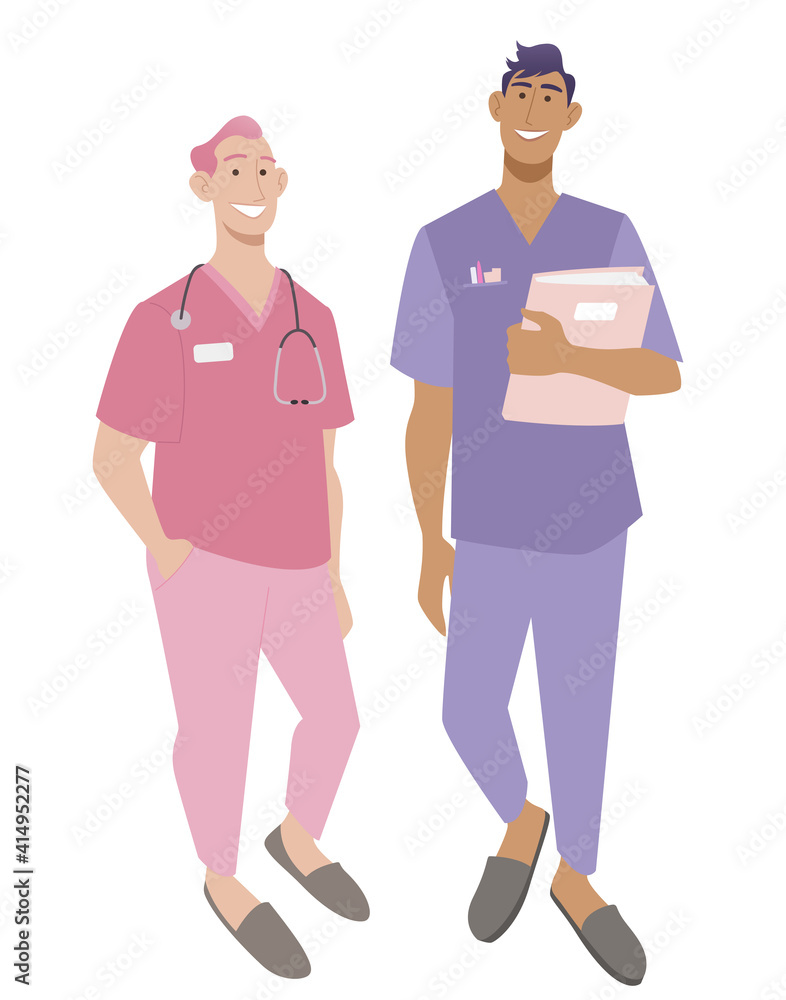 Smiling young male nurses in medical uniform. A therapist with diagnostic results and a physician with a stethoscope. Isolated on white vector illustration. Smiling young male nurses in medical uniform. A therapist with diagnostic results and a physician with a stethoscope. Isolated on white vector illustration.