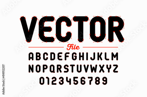 Vector format style font with Bezier curves, anchor points and handles, alphabet letters and numbers