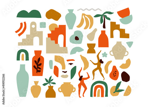 Set of trendy doodle and abstract nature icons on isolated white background. Big summer collection, minimalist fruit shapes in freehand art style. Includes people, vase art and texture bundle