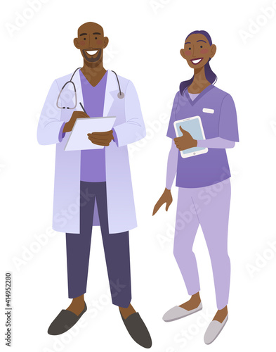 Friendly African American doctors in medical uniform. Smiling man and woman physicians. Friendly therapist and nurse. Isolated on white vector illustration.