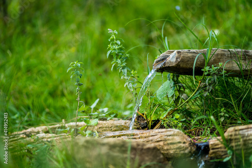 Source of clean water that flows in a gutter surrounded by green and rich vegetation. drinking water reserves are declining in countries such as India and Turkey.