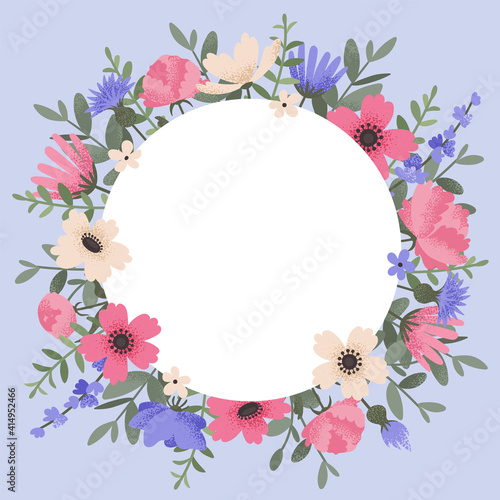Floral background design with summer flowers. Greeting card with place for text. Template for invitation card with beautiful peonies and anemone flowers. Vector illustration