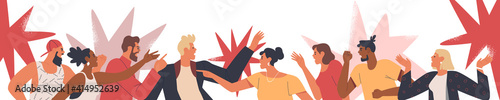 Diverse group of angry people having an argument or heated discussion concept. Big flat cartoon character crowd on isolated background. Men and women in confrontation, fighting or in disagreement.