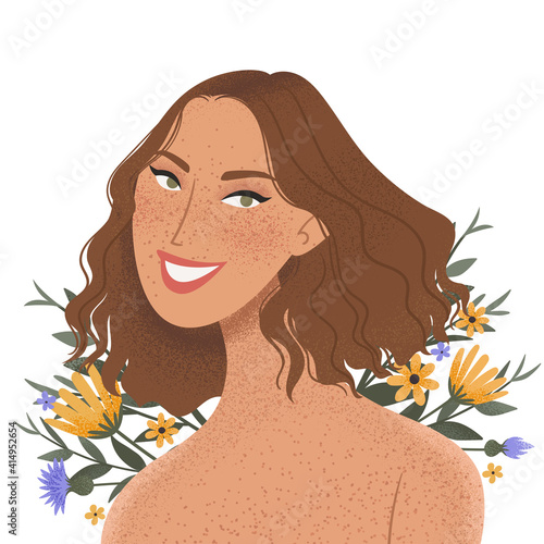 Beauty female portrait decorated with flowers. Elegant woman avatar with floral background. Vector illustration