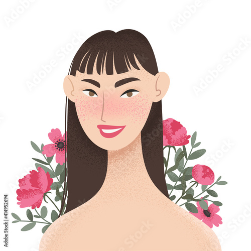 Beauty female portrait decorated with pink peonies flowers. Elegant Asian woman avatar with floral background. Vector illustration