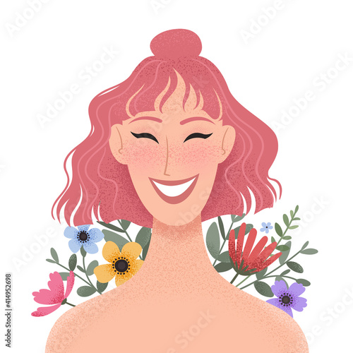 Beauty female portrait decorated with colorful flowers. Smiling young woman avatar. Girl with pink hair. Vector illustration