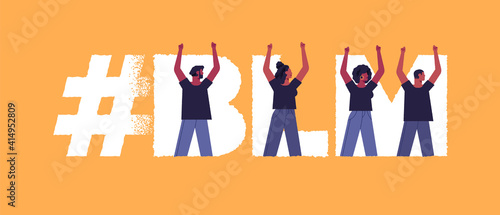 African american people group walking with hands up in protest march or social isssues event. Diverse men and women characters marching for justice and police discrimination. 