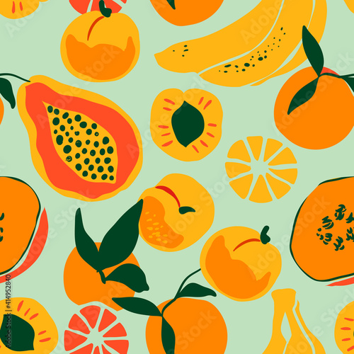 Retro summer fruit flat cartoon seamless pattern. Trendy colorful food background design. Exotic season product decoration. Banana, orange, peach and more healthy fruits.