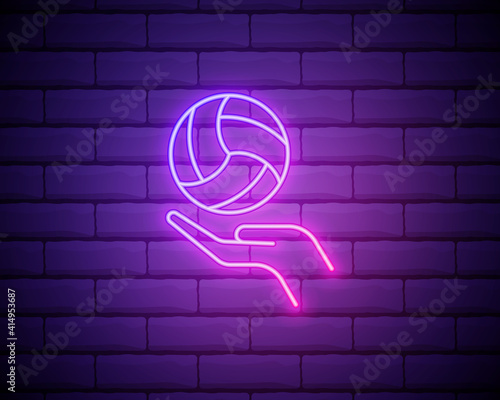 volleyball and hand outline icon. Elements of Sport in neon style icons. Simple icon for websites, web design, mobile app, info graphics isolated on brick wall
