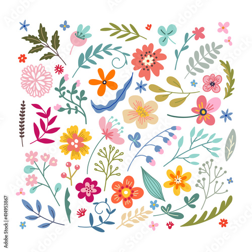 Set of cute drawn flowers and floral elements. Vector illustration isolated on white background.
