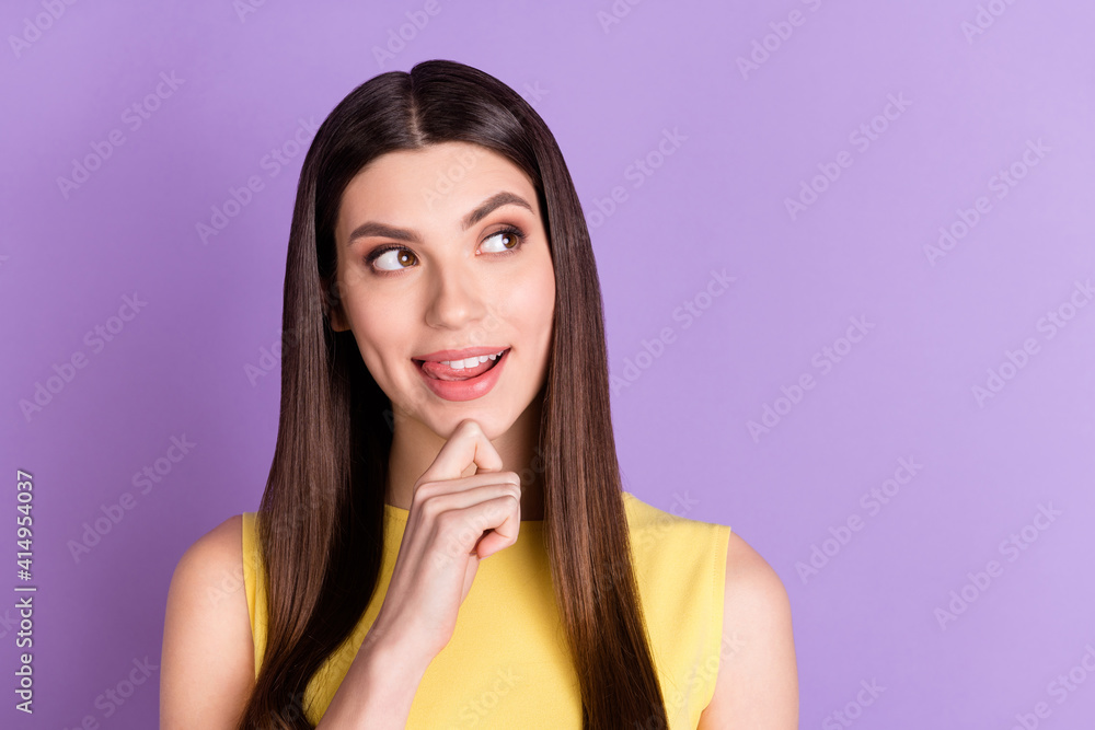 Portrait of attractive cheerful curious girl licking lip thinking copy space isolated over violet purple pastel color background Portrait of attractive cheerful curious girl licking lip thinking copy space isolated over violet purple pastel color background