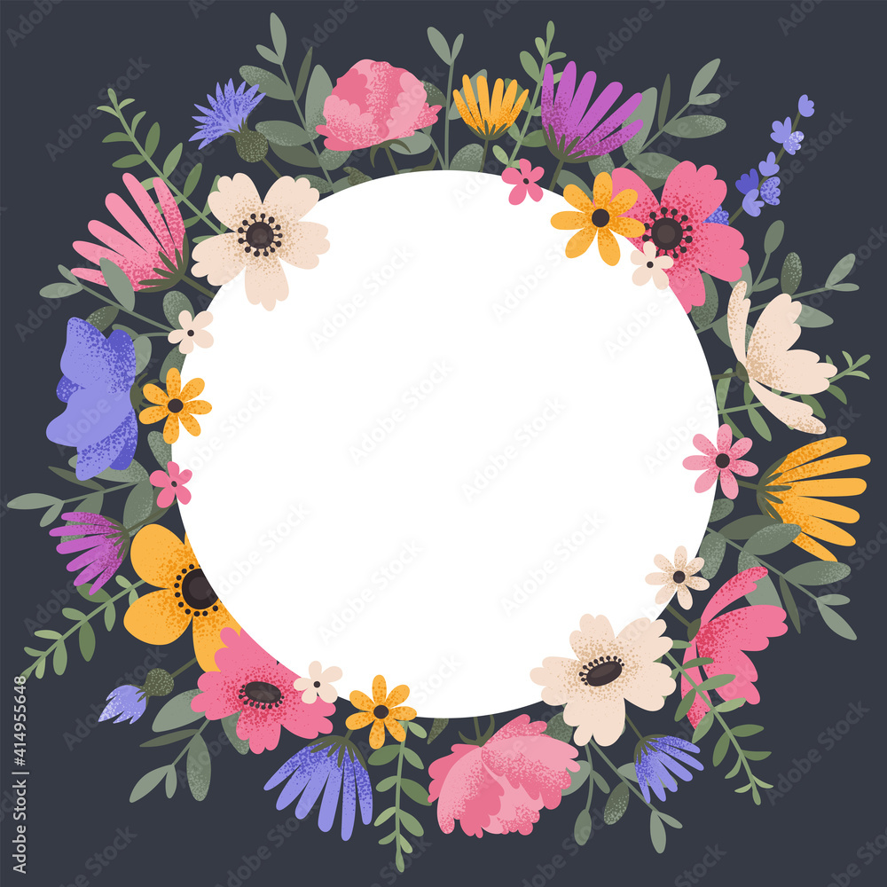 Obraz premium Floral background design with summer flowers. Greeting card with place for text. Template for invitation card with beautiful peonies and anemone flowers. Vector illustration