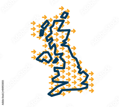 United Kingdom simple outline map with yellow direction guide arrows.