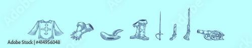 set of musketeer cartoon icon design template with various models. vector illustration isolated on blue background