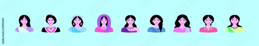 set of indian women cartoon icon design template with various models. vector illustration isolated on blue background set of indian women cartoon icon design template with various models. vector illustration isolated on blue background