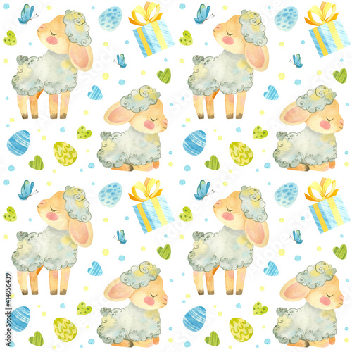 Seamless pattern with baby sheep. Easter template with cute lamb, Easter eggs and butterflies in blue-green palette. Watercolor clipart on white background