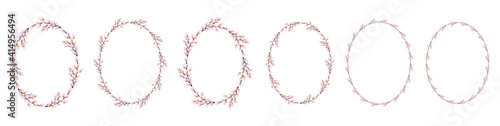 Collection of Easter willow wreaths. Oval wreath of willow stems.Vector flat illustration isolated on a white background. Design for invitations, postcards, and printing.