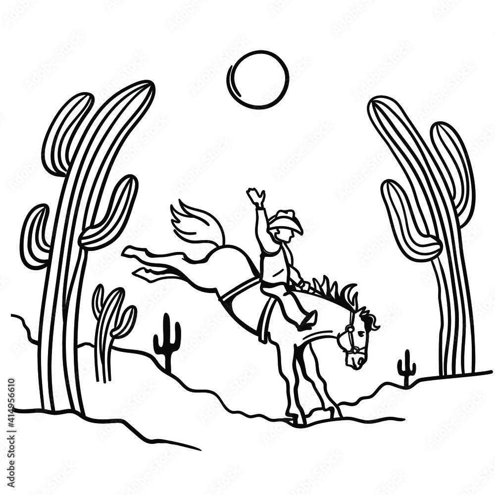 Fototapeta premium Cowboy riding a wild horse. Vector illustration American desert and cactuses isolated