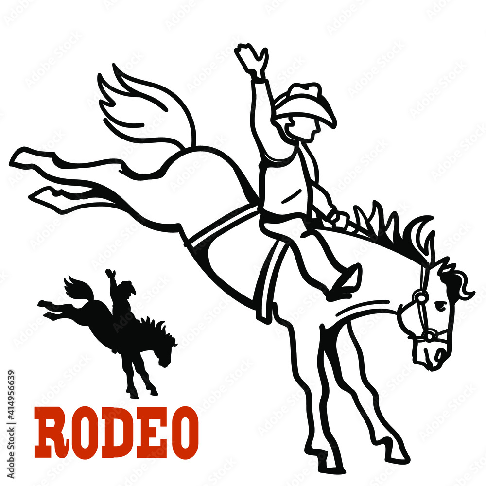 Fototapeta premium Cowboy riding a wild horse. Vector illustration American desert and cactuses isolated