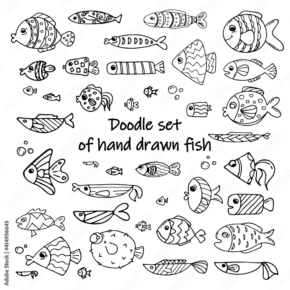 Doodle set of hand drawn fish. Image for labels, web, icons, postcards, decoration. Cheerful, childish, cute vector marine theme.