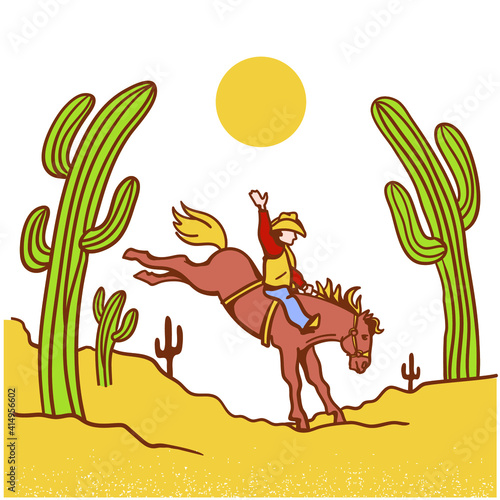Cowboy riding a wild horse. Vector illustration American desert and cactuses isolated