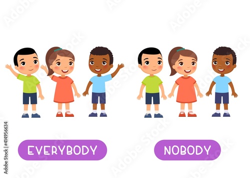 Everybody and nobody antonyms word card, Opposites concept. Flashcard for English language learning. International children hold their hands up in agreement, no one raised their hand.
