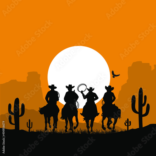 Cowboy riding a wild horse. Vector illustration American desert and cactuses isolated
