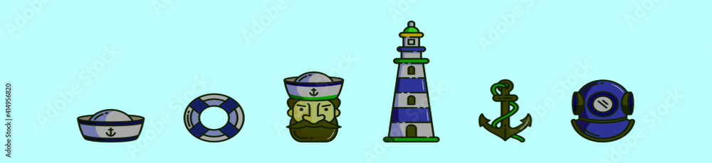 Obraz premium set of nautical cartoon icon design template with various models. vector illustration isolated on blue background